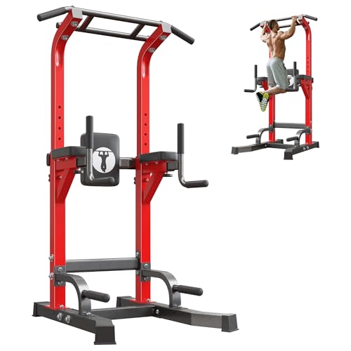 SogesPower Multi-Function Power Tower Pull Up Bar Station for Home Gym | 10-Level Adjustable Height Pull Up Bar Stand Dip Station Strength Training Workout Equipment - color: Red