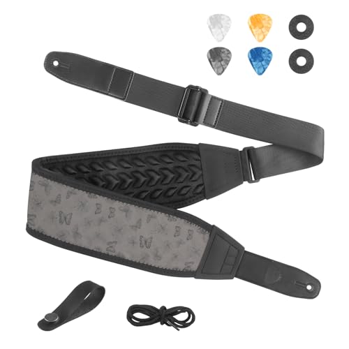 Guitar Straps for Electric Guitar Bass, Smooth Guitar Strap, 3" Wide Padded Straps with 3D Sponge Filling, Comes with 4 Picks + 2 Strap Locks + 1 Headstock Tie + 1 Tie Rope, Gray Butterfly - color: Smooth Gray Butterfly