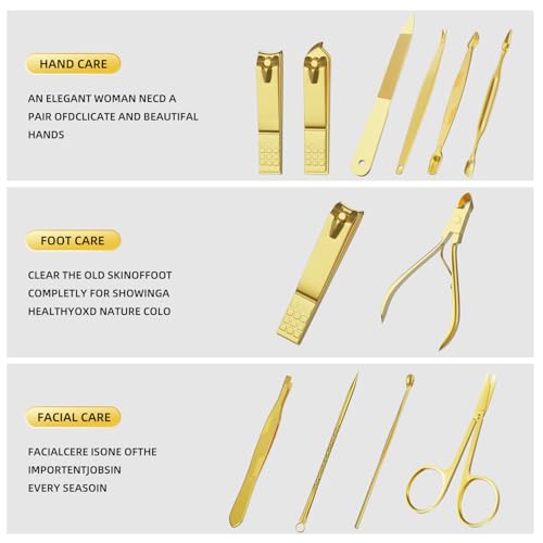 Manicure Set, Stainless Steel Nail Clipper Set with Travel Case | 12-Piece Set with Thicker Steel, Precision-ground Cutting Edges, and Smooth-finished Tools for Clean, Precise Trimming. - color: Gold