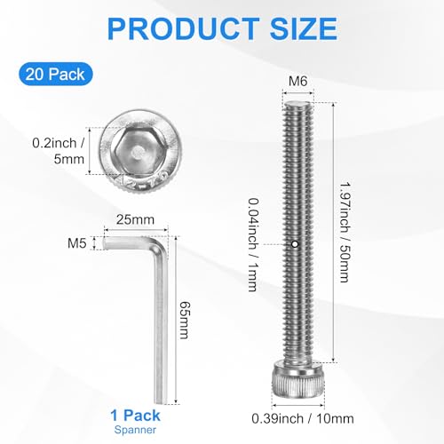 M METERXITY 20-Pack M6 x 50mm Socket Head Cap Screws, 304 Stainless Steel Hex Machine Bolts, Allen Socket Drive Screw with Hex Wrench for Repair/DIY, Fully Threaded Fasteners Kit [Silver] - size: M6 x 50mm
