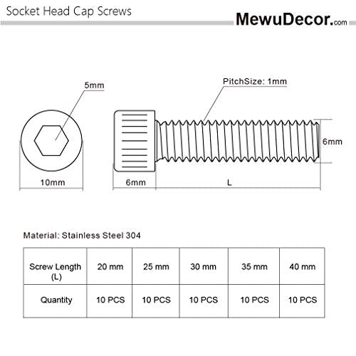 50 PCS Socket Head Cap Screw Assortment Set, M6 x 20mm, 25mm, 30mm, 35mm, and 40mm, Stainless Steel 304, Bright Finish - size: Assortment 20mm to 40mm