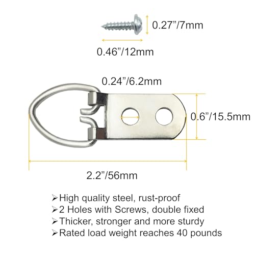 20 Pack D-Ring Steel Picture Hangers Heavy Duty with Screws Picture Frames Double Holes Clasp Picture Hang Solutions, for Hanging Clock Paintings Artwork Picture Frame Hook Photos Mirrors (Silver) - size: 20 Pack-Double hole