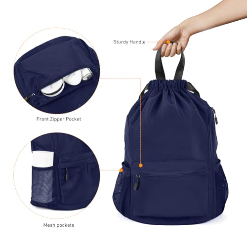 Valleycomfy Waterproof Drawstring Gym Backpack Bag for Men&Women Dark Blue | Sports Gym Bag with Side Pocket - color: A-dark Blue