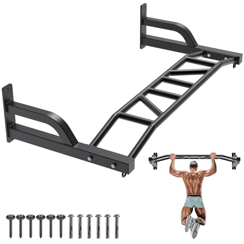 SELEWARE 48'' Heavy Duty Wall Mount Pull Up Bar with Cable Pulley System | Multi-function Chin up Bar with Cable Pulleys LAT Pulldown Attachments Heavy Bag Hanger for Home/Garage Gym Strength Training - color: B. Black Pull Up Bar with Hangers