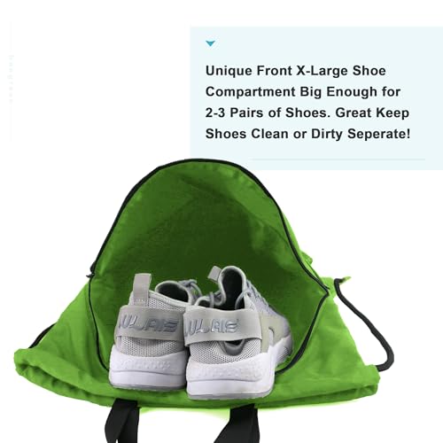BeeGreen Drawstring Backpack Bag with Shoe Compartment, X-Large Black Gym Sports String Cinch Backpack - color: Lime