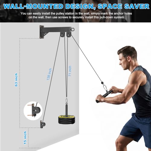 Wall Mounted Pulley System, Low Cable Machine Pulley System for LAT Pulldown, Biceps Curl Home Gym Equipment with Fitness Pull Down Bar, Tricep Rope - style: Wall Mounted Pulley System with Straight Bar