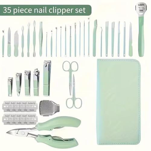 Luxury 35-in-1 Professional Manicure Set - Premium Stainless Steel Nail Clippers & Grooming Kit with Elegant Leather Travel Case for Ultimate Hand, Foot & Facial Care - Green - color: Green, size: 35PCS