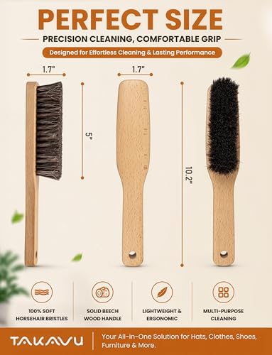 TAKAVU 10.2in Horsehair Hat & Shoe Brush, Long Handle Felt Cleaner | Soft Bristle Dusting Wardrobe Brush for Lint, Pet Hair, Suits, Coats, Upholstery & Garments, Wooden Extended Grip