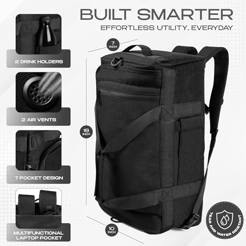 3-in-1 Duffle Bag Backpack with Shoe & Laptop Pocket, Cup Holder, Ventilated Gym & Travel Bag (Black) - color: Black