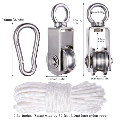 Cable Pulley Block Stainless Steel Swivel with 32FT Rope and Hook,for Garage,Attic,Kayak,Deer Hanging,Gym Equipment,550LB Lifting, 2 Pack
