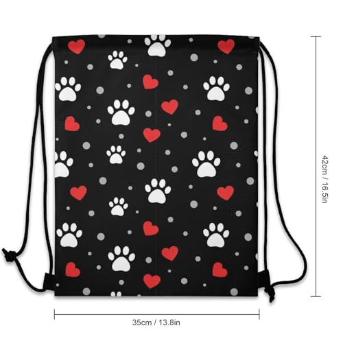 Swimming Drawstring Sack Waterproof Gym Backpack for Beach Sports Yoga Gear, Lightweight Unisex, Paw Prints And Hearts On Black Bags - color: Picture (31)