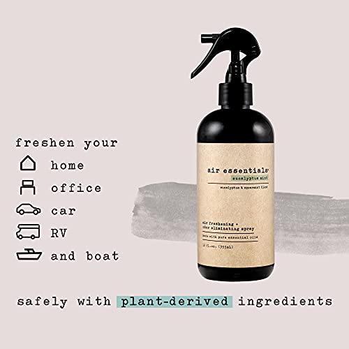 Air Essentials 12 oz Air Freshener & Odor Eliminator Spray - Neutralize Odors from Smoke, Pets, Food & Garbage in Homes, Offices & Cars - Made with Clean Essential Oils (Eucalyptus Mint, 2-Pack)