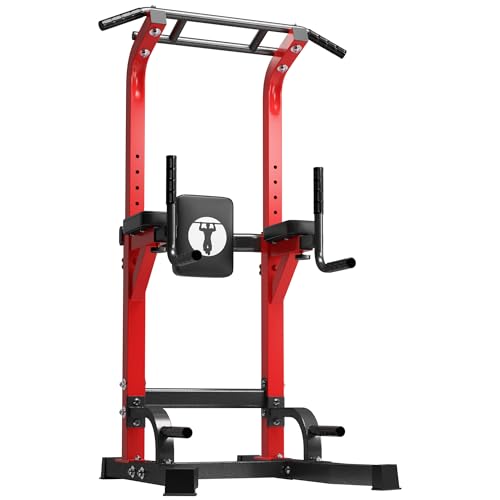 DlandHome Power Tower Pull Up Bar Station, 10 Level Adjustable Height | Heavy Duty Pull Up Dip Station for Home Gym Strength Training Equipment, Comfortable Backrest, 330LBS Weight Capacity - color: Red
