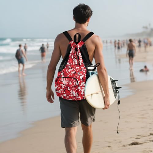 Drawstring Beach Backpack Climbing Gym Bag With Water Bottle Pocket Cinch Sacks Waterproof Red Camouflage Camouflage
