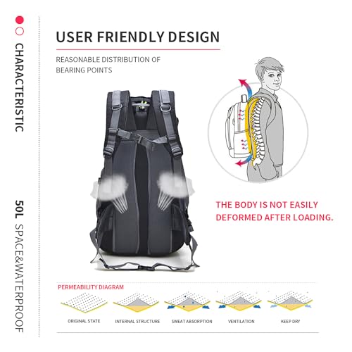 Bseash 50L Hiking Backpack, Water Resistant Lightweight Outdoor Sport Daypack Travel Bag for Camping Climbing Skiing Cycling (Light Blue - No Shoe Compartment) - color: Light Blue - No Shoe Compartment