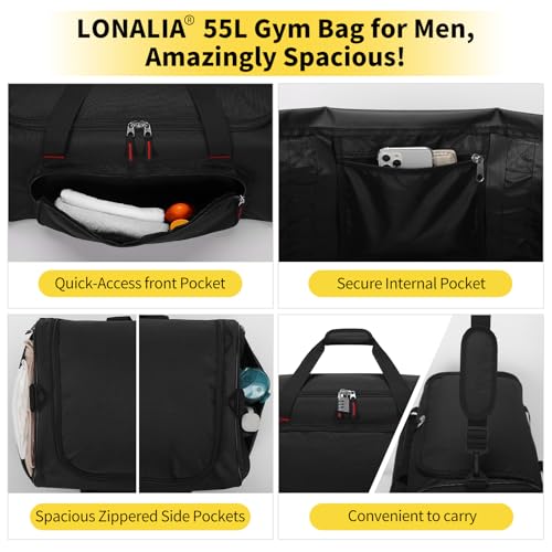 55L Sports Gym Duffle Bag for Men, Black | 22 inch, Multi Pockets, Large Capacity, Workout, Travel, Weekender, Fitness - color: Black