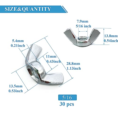 30 PCS 5/16-18 Inch Wingnuts, Quality Carbon Steel Wing Nuts Zinc Plated Fasteners Parts Butterfly Nut, Hand Twist Tighten Hardware Nuts Butterfly Wing-Nut 5/16-18” Assorted Kit - size: 5/16"-18 - Carbon Steel - 30 Pcs