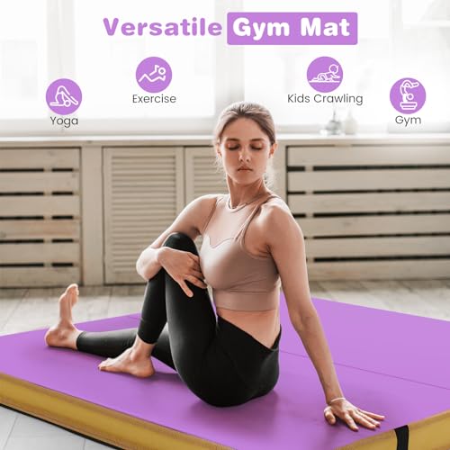 Goplus 4" Thick Folding Gymnastic Mat, Thickened Bi-Fold Fitness Mat with Carrying Handles & PU Leather Cover, Home Gym Tumbling Mat for Stretching, Pilates, Aerobics Workouts - color: Purple&Yellow