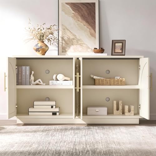 Fatmok Buffet Cabinet with Storage, 59'' Modern Arched Sideboard Cabinet w/Adjustable Shelves, Wood Media TV Console Table Credenza for Living Room Hallway Entryway, Beige(Not White) - color: A-beige