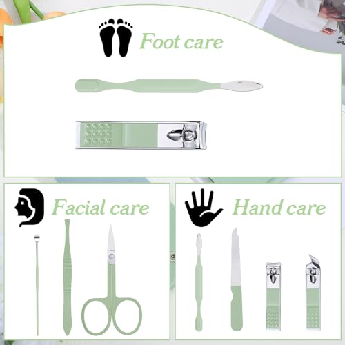 7 Pcs Manicure Set, Travel Nail Clippers with Green Leather Bag, Professional Carbon Steel Travels Nail Care Clippers, 7 in 1 Portable Travel Grooming Kit for Women Men (Green)