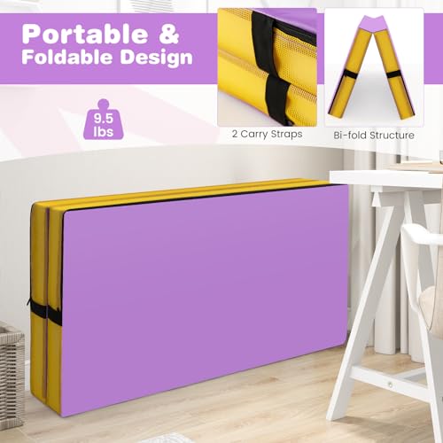 Goplus 4" Thick Folding Gymnastic Mat, Thickened Bi-Fold Fitness Mat with Carrying Handles & PU Leather Cover, Home Gym Tumbling Mat for Stretching, Pilates, Aerobics Workouts - color: Purple&Yellow