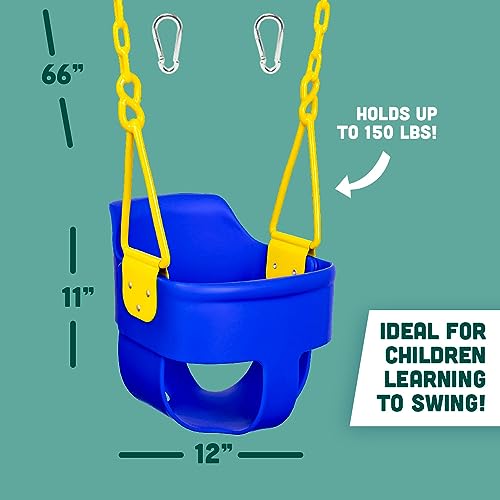 Premium High Back Full Bucket Toddler Swing Seat with Finger Grip, Plastic Coated Chains and Carabiners for Easy Install - Blue - Squirrel Products - color: Blue
