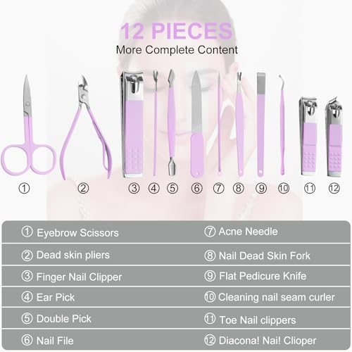 Nail Kit, Manicure Kit, Nail Care Kit for Women, Manicure Pedicure Set, Nail Clippers Toenail Clippers Kit, Professional Manicure Kit Pedicure Kit, Purple Travel Case, Set of 12. - color: Purple
