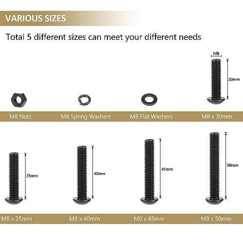 77 Pieces Black M8 x 30/35 /40/45 /50 mm Button Head Socket Cap Screws Nuts Washers Assortment Kit, 10.9 Grade Alloy Steel - size: M8 x 30/35/40/45/50mm, style: Button Head