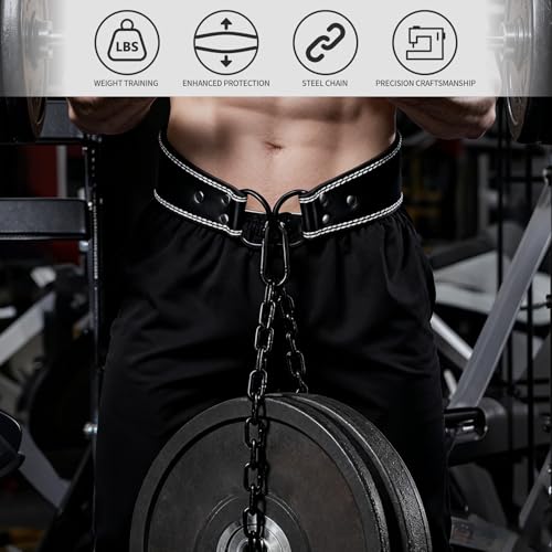 Heavy-Duty Leather Weightlifting Dip Belt with Steel Chain—Weightlifting, Squats, Deadlifts, Weighted pull-ups, Push-ups and Progressive Resistance Training - color: Black
