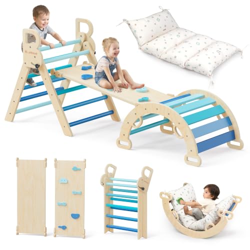 BlueWood Pikler Triangle Set with Cushion, Wooden Climbing Toys for Toddler | Foldable 8-in-1 Montessori Philosophy Toddler Climbing Toys Indoor with Reversible Ramp, Arch and Ladder - Sky Blue - color: Sky Blue