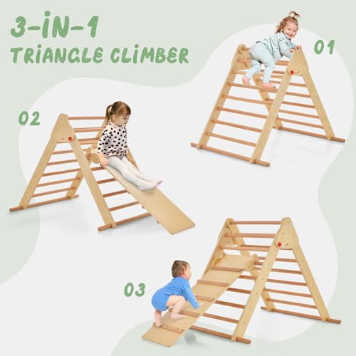OLAKIDS Pikler Triangle Set 3 in 1 Climbing Toys for Toddlers Foldable Wood Montessori Baby Jungle Gym with Ramp Ladder Slide Kids Indoor Playground Activity Play Structure - color: Burlywood