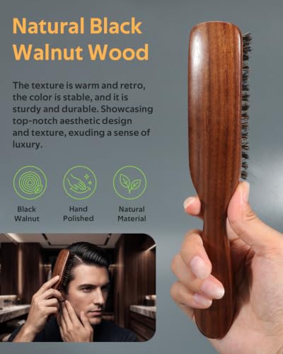 STYLEMATE Mens Boar Bristle Hair Brush | Slick Back Hair & Beard Brush with Stiff Bristles for Thick & Fine, Natural Black Walnut Wooden Handle Hairbrush - color: Black (1PC), size: Medium: Boar Bristle