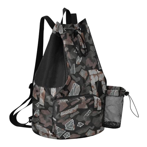 Drawstring Climbing Gym Bag With Water Bottle Holder Drawstring Backpack with Wet Dry Compartments Camouflage Metal Brown Fragment Dark