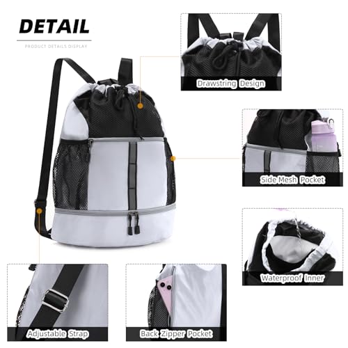 Valleycomfy Drawstring Gym Bag Sports Backpack With Shoe Compartment White | Reflective Strips Top Handle - color: White