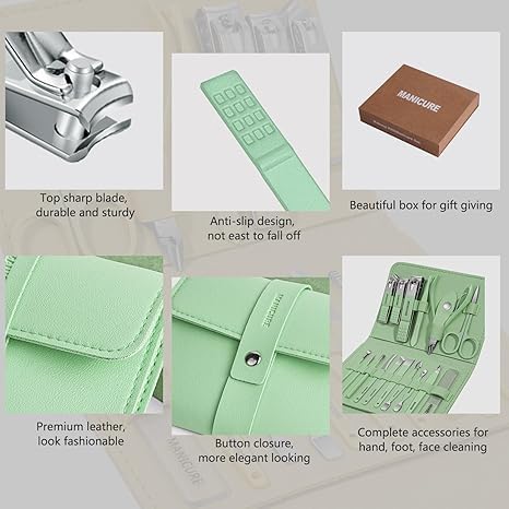 16 pcs Stainless Steel Nail Care Tools Grooming Kit with Luxurious Travel Leather Case for Thick Nails Men Women Gift,Manicure Set Professional NailClippers Pedicure Kit,Sharp Nail Scissor(Green)