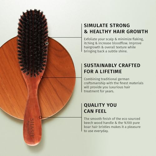 SHASH Classic German First Cut 100% Boar Bristle Hair Brush Since 1869 - Conditions Hair, Improves Texture, Exfoliates Scalp, Fine to Normal not for Coarse hair!
