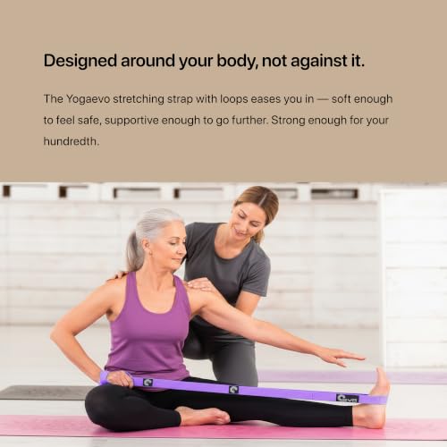 YogaEVO Elastic Stretching Strap with Loops for Physical Therapy | 2-in-1 Yoga Strap & Resistance Band — Flexibility & Back Recovery - color: Purple