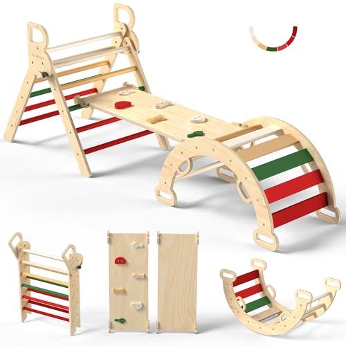 BlueWood Pikler Triangle Set, Toddler Climbing Toys Indoor 7in1 Foldable | Wooden Climber for Kids, Montessori Philosophy Play Jungle Gym with Arch, Ramp, Ladder (Warm Winter Christmas) - color: Warm Winter Christmas