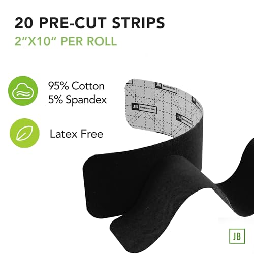 JB Tape Kinesiology Tape, Black, 80 Precut 10-Inch Strips, 4 Rolls | Elastic, Latex-Free, Water Resistant, Athletic Muscle & Joint Support - color: Black Jet