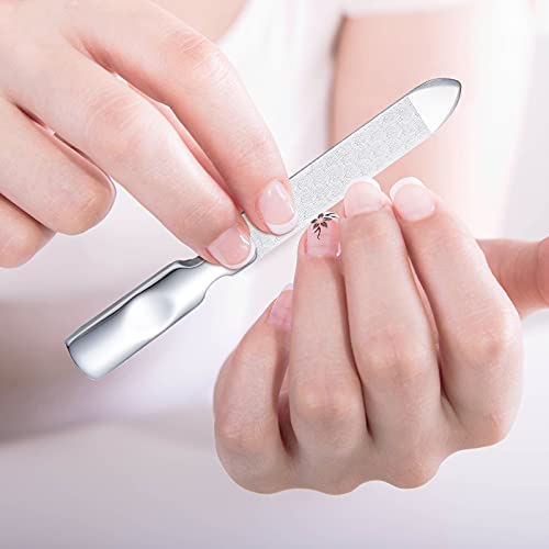 3 Pcs Stainless Steel Nail Files Kit with Leather Case, Double Sided Metal Nail Files with Anti-Slip Handle for Women and Men, Metal File Buffer Manicure Pedicure Tools for Fingernail Toenail(Pink) - color: Pink