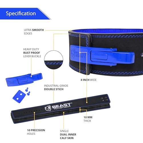 Beast Power Gear Weight Lifting Belt Lever Buckle 10MM 13MM Thick & 4 Inches Free Strap Weightlifting, Powerlifting, Deadlifts, Squats Men Women - color: Black/Blue, size: Small