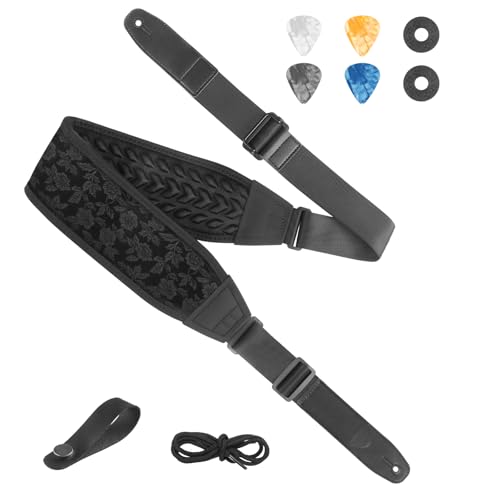 Guitar Bass Strap, Embroidered Electric Guitar Strap, Double Adjustable Buckle, Length Adjustable from 49" to 63", Equipped with 3" 3D Foam Padding, Suitable for Taller Guitarists, Black. - color: Black Embroidery(49"-63")