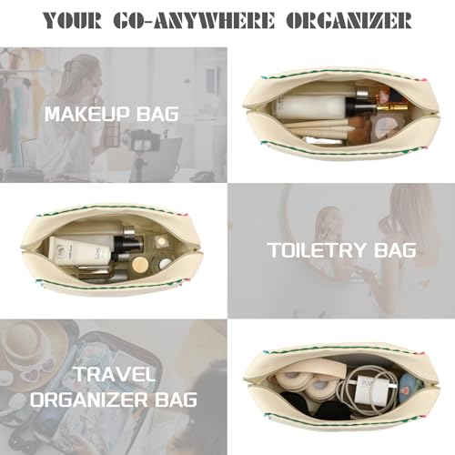 Canvas Makeup Bag for Women | Rainbow Rick Rack Trim,Mahjong Tile Travel Toiletry Organizer,Everyday Use, Beach and Gift for Girlfriend - color: Natural+Rainbow