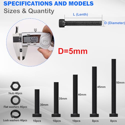 mxuteuk 185PCS M5 Screws Assortment Set, M5 Hex Socket Head Cap Screws Bolts Nuts Kit, 12.9 Grade Alloy Steel Bolts with Hex Wrench - size: 185PCS M5 x 30/35/40/45/50mm, style: Hex Socket Head