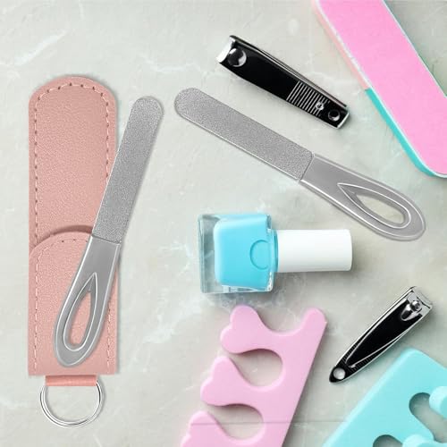 Metal Nail File with Case, 2 Pack Keychain Nail Files for Natural Nails, Fingernail Files Diamond Round Tip Stainless Steel Double Sided Fine Grit Silver Filer with Leather Sheath Travel Pink Purple - size: 2 Pack 3.6 in Silver/Pink/Purple Keychain