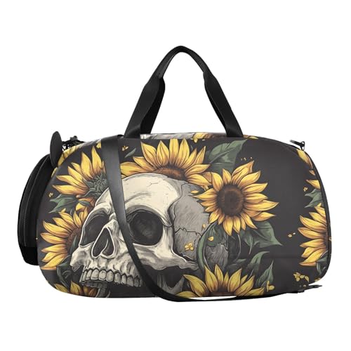 Kids Sports Duffel Bag for Boys & Girls - Skull Summer Sunflowers 100% Polyester Gym Bag with Separate Shoe Compartment, Adjustable Shoulder Strap, Compact Travel & Workout Gear Bag - color: Skull Summer Sunflowers