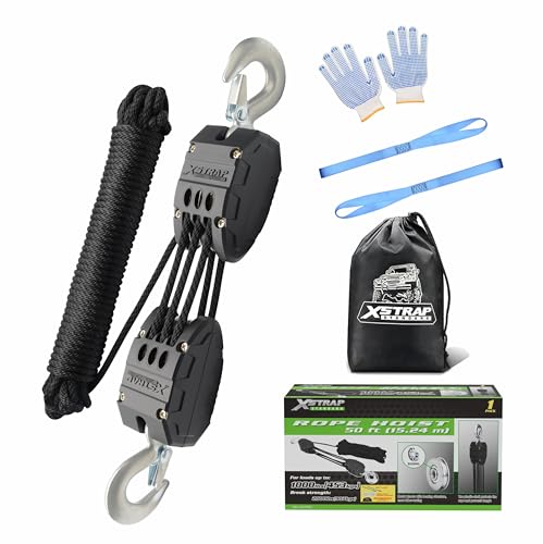 XSTRAP STANDARD Heavy-Duty Block and Tackle Pulley System, 1000 LB Working Load, 2000 LB Break Strength, 50 FT Rope Hoist with 2 Soft Loops for Garage, Hunting & DIY Attic Lift, Black - color: 50 Ft+Black+2 Soft Loops