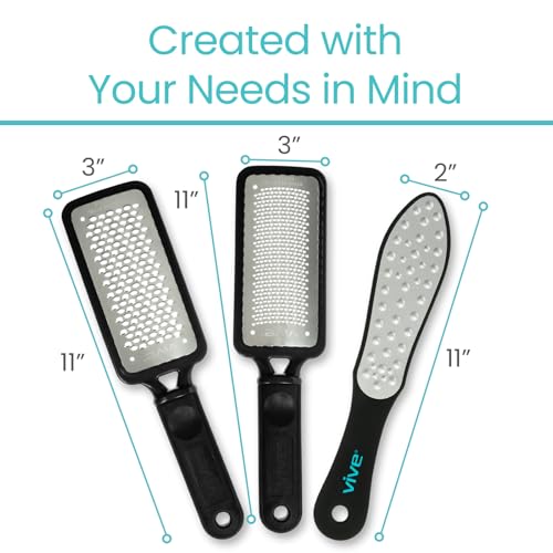 Vive Foot File (3 Pack) - Feet Scraper for Dead Skin - Heel Grater, Callus | Remover Scrubber Tool, Rasp for Cracked Heels - Stainless Steel Pedicure Filer for Men & Women - Use on Wet or Dry Skin