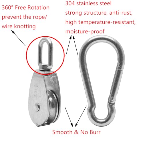 1PC 304 Stainless Steel M50 Single Pulley Block, Wire Rope Hanging Wire Towing Wheel, with 1PC Spring Snap Hook - size: M50-1pc