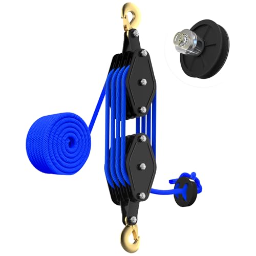 YATOINTO Rope Hoist Pulley System, 4400LB Pulley Block and Tackle, 8:1 Ratio Lifting Power 65ft, Heavy Duty Pulley Block for Hunting Lifting Heavy Objects Garage Warehouses Building (Blue) - color: Blue(Powder Coating)